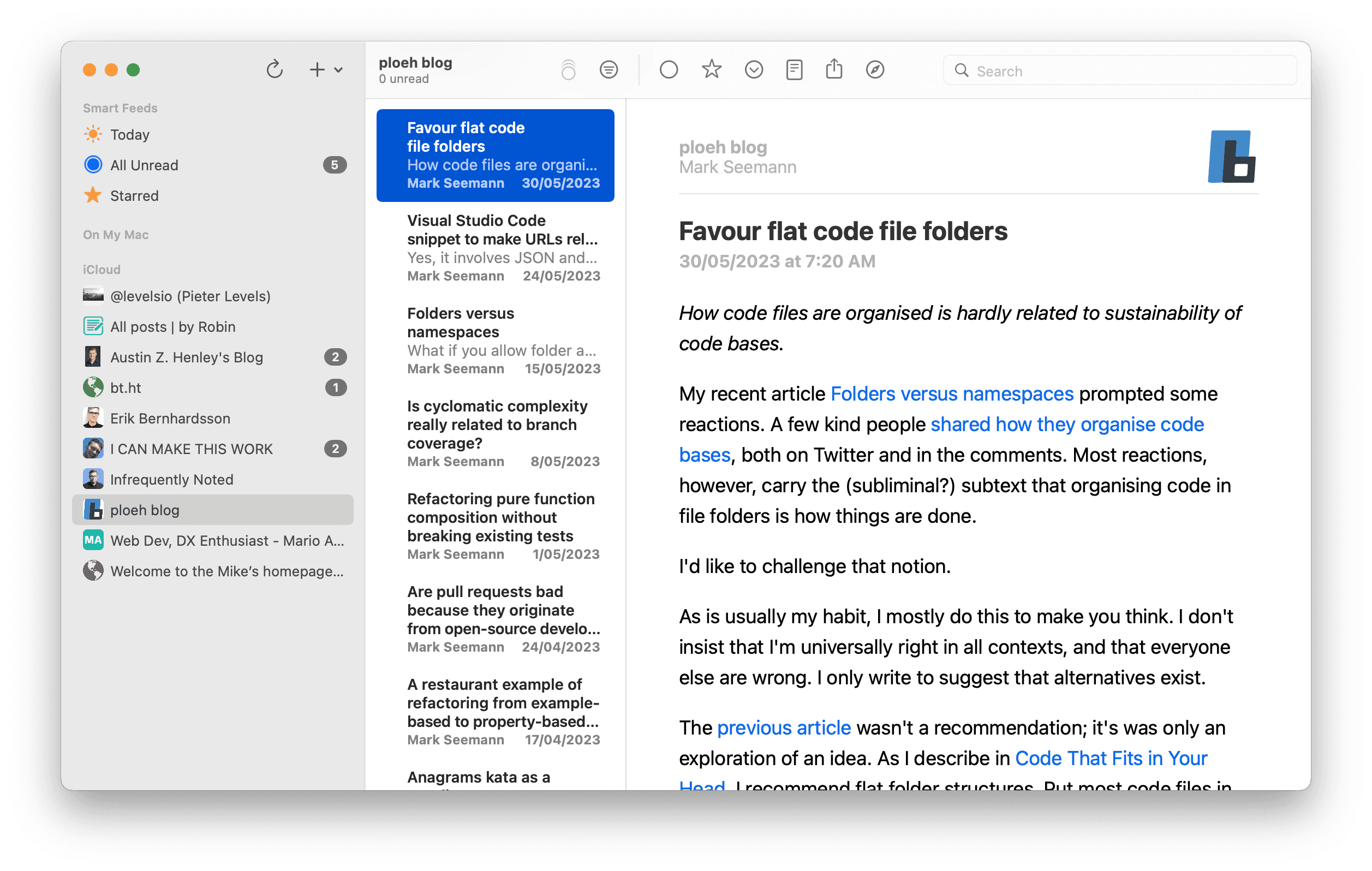A screenshot of NetNewsWire, displaying a blog post by Mark Seeman on code organization.