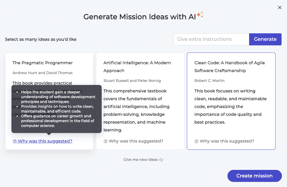 A modal dialog, showing three book recommendations. Each book has a title, a blurb, and their author indicated.