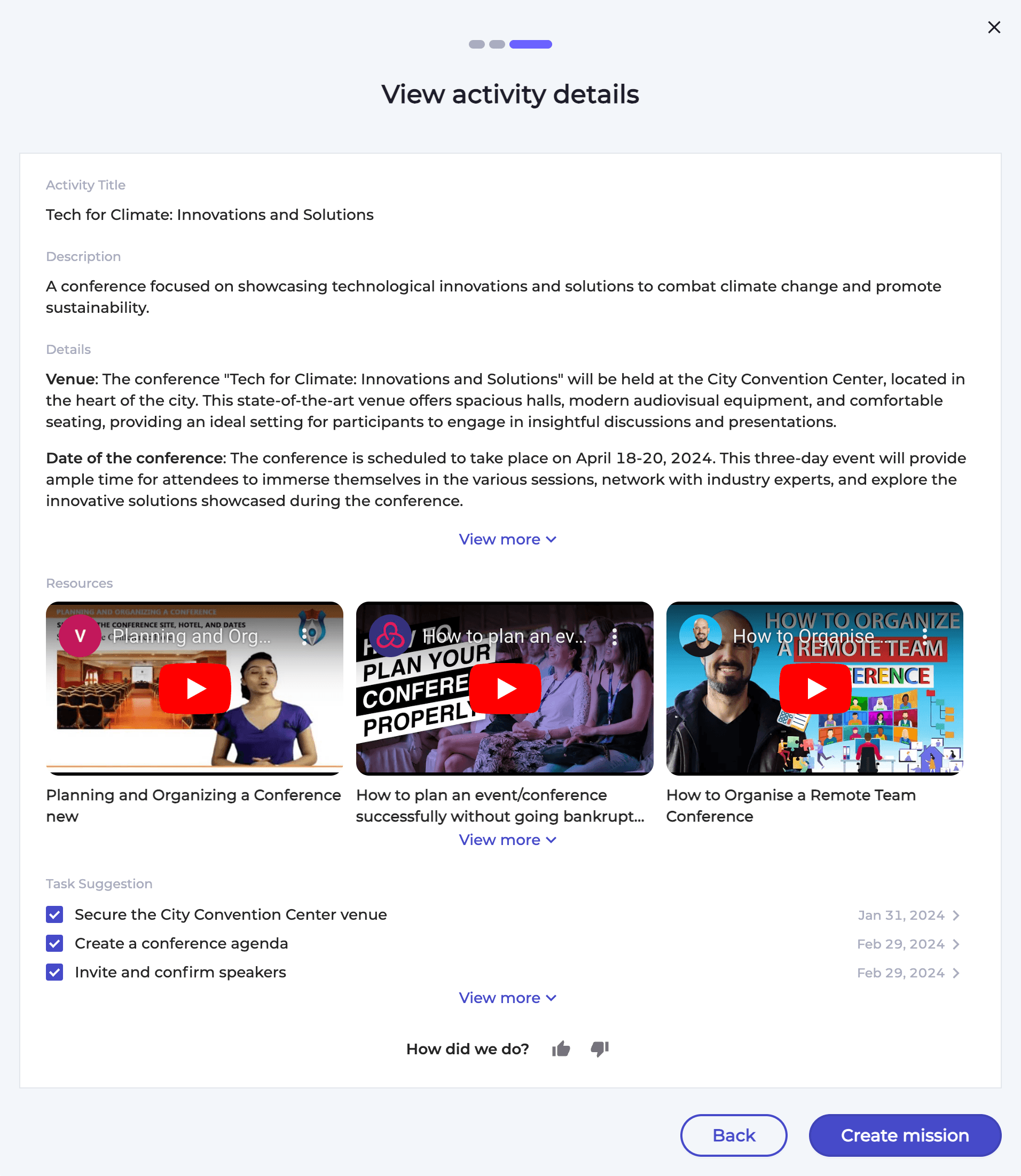 A screenshot of Crimson Education's extracurricular activity recommender. The UI is displaying a concept for a tech conference about climate change to the user.