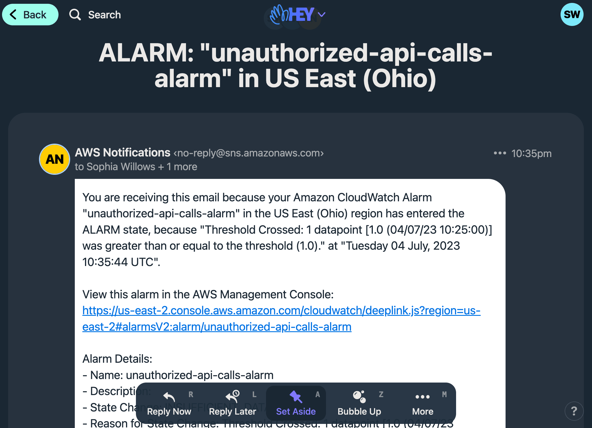An email client showing an alert coming in