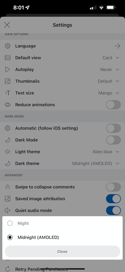 Screenshot of Reddit showcasing their two different dark mode theme options