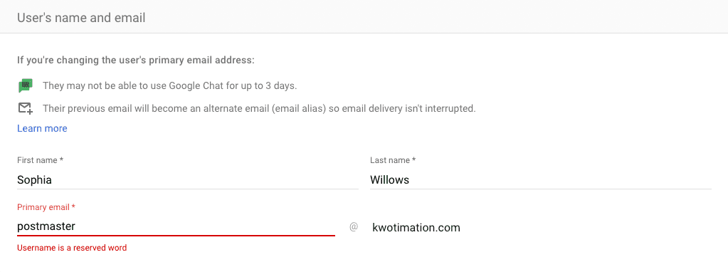 postmaster@domain is reserved so you can't set it up as an email alias