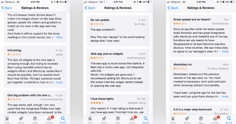 App store reviews of the Hue app