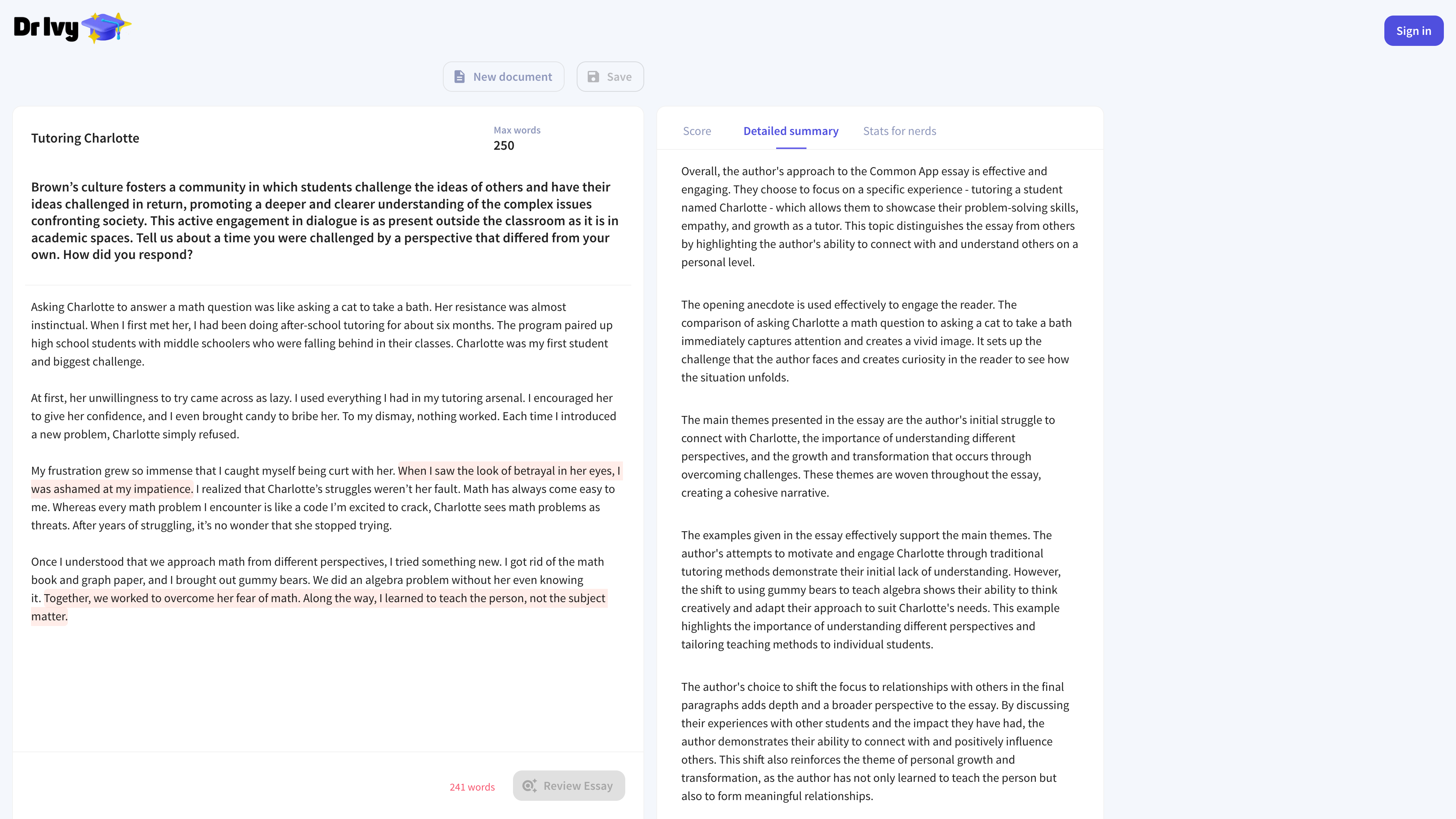 Version 2 of Dr Ivy, showcasing the long-form essay review generated by the tool