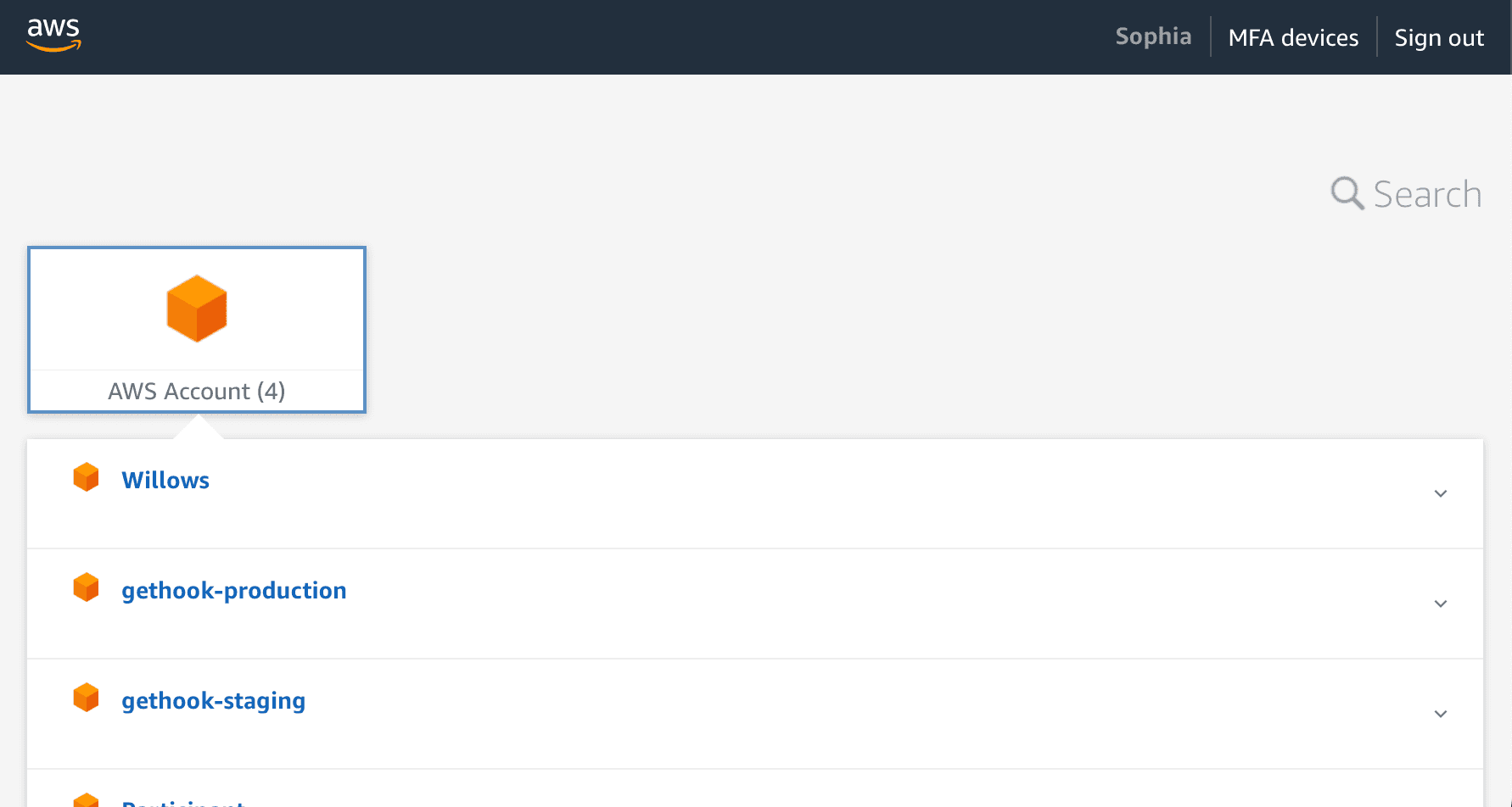 A screenshot showing the AWS SSO account picker.