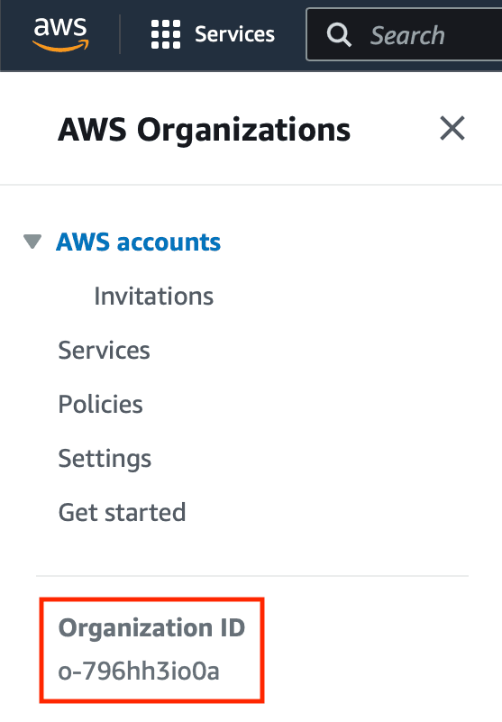 A screenshot of the AWS Console, showcasing where the organization ID can be found.