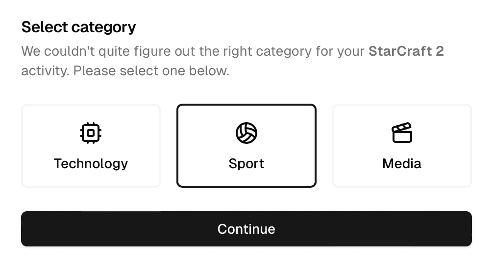 An example UI prompting the user to select the right category for an extracurricular
