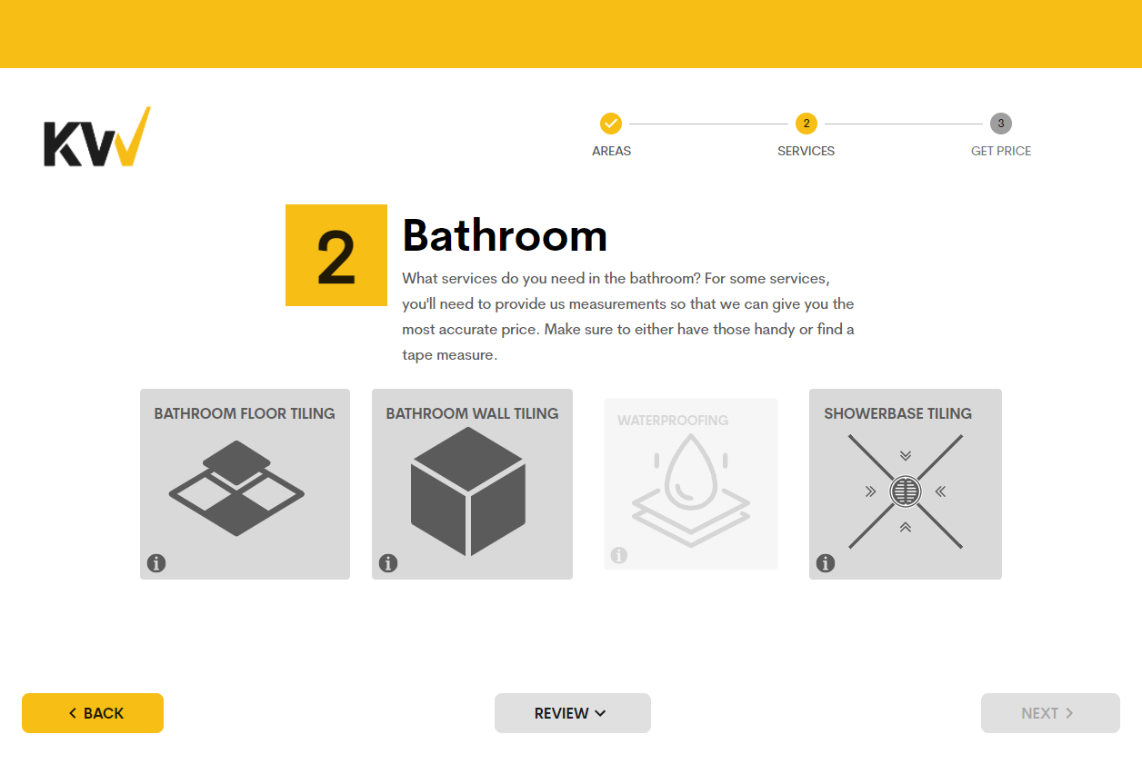 A screenshot of Kwotimation's quoting software. The user is presented with a list of tiling services (e.g. floor tiling) that they can select for their bathroom area.